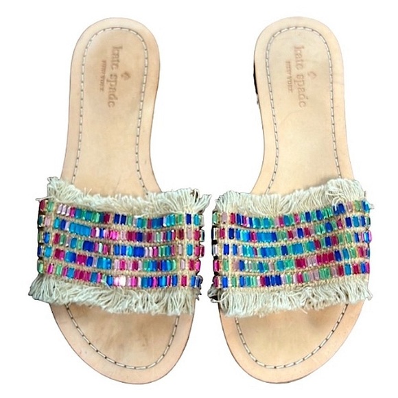 Kate Spade Sandal Raffia Natural Canvas multicolor jewel details size 8 - Picture 11 of 11